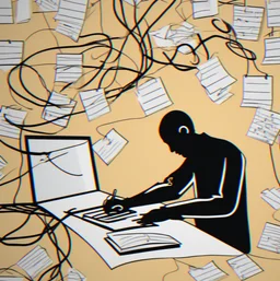 Icon showing a head silhouette filled with tangled threads and scattered notes